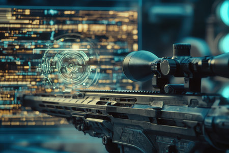A high-tech sniper rifle is showcased alongside a digital interface displaying tactical data and patterns.の写真素材
