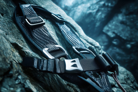 A climbing harness is positioned on a rugged rock formation, illuminated by soft, moody lighting in a cave-like setting.の写真素材