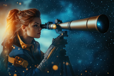 A woman gazes through a telescope, surrounded by a starry sky filled with cosmic wonders.の写真素材