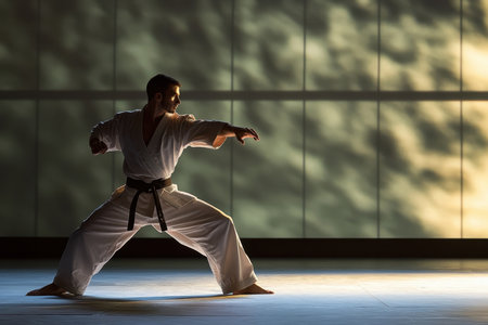 A skilled martial artist performs a kata inside a dojo, illuminated by soft ambient lighting during evening practice.の写真素材
