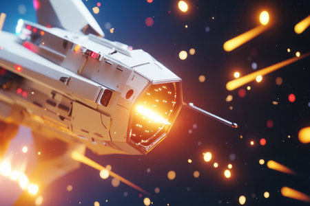 A rocket propels through space, releasing vibrant energy while surrounded by colorful sparks and light trails.の写真素材