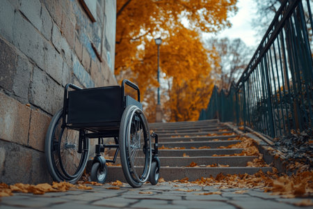A black wheelchair rests against a stone wall at the base of a staircase surrounded by golden autumn leaves.の写真素材