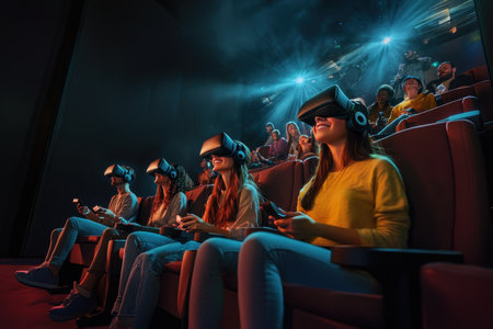 Group of individuals engaged in immersive virtual reality activities while seated in a theater.の写真素材