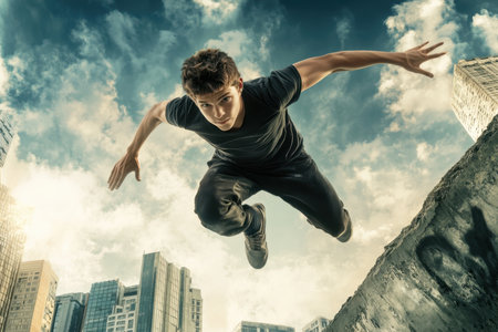 A young man leaps between buildings in a dynamic parkour move amidst a stunning urban skyline.の写真素材