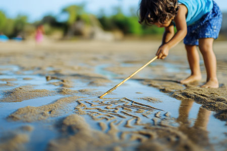 A young child stands barefoot on a sandy shore, using a stick to create patterns in wet sand under clear skies.の写真素材