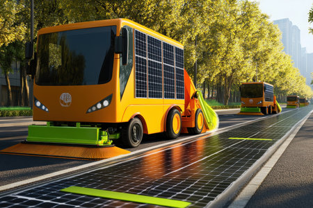 Brightly colored solar-powered street cleaning vehicles are actively cleaning a city street lined with trees.の写真素材
