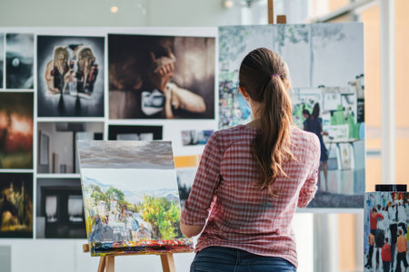 A young artist paints a colorful landscape on an easel in a lively art gallery showcasing various artworks.の写真素材