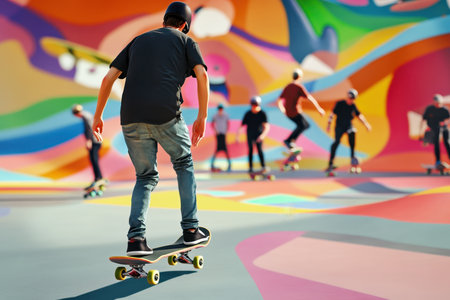 A group of skateboarders showcase their skills in a colorful park, enjoying a sunny afternoon.の写真素材