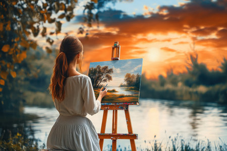 An artist paints a beautiful landscape as the sun sets over the river, surrounded by nature's beauty.の写真素材