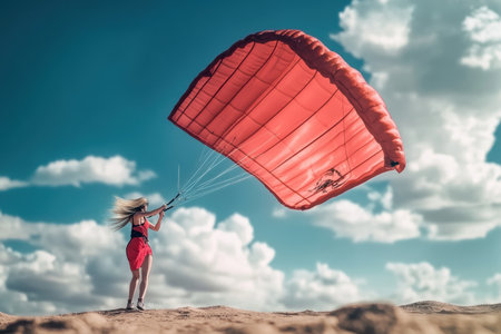 A skilled paraglider gets ready to lift off, holding a vibrant red wing under a bright sky full of clouds.の写真素材