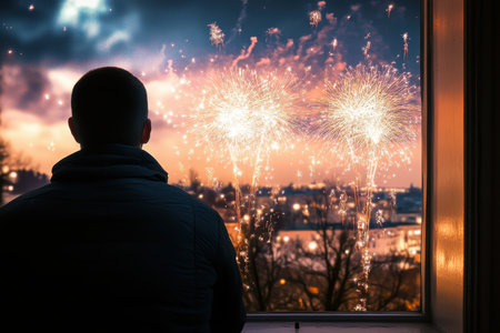A person watches vibrant fireworks bursting over a city skyline during a New Year's celebration.の写真素材