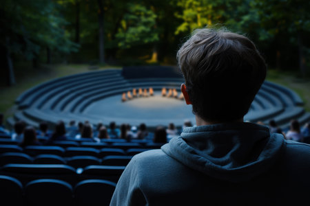 A person sits in the audience, observing a captivating performance in an outdoor amphitheater during twilight.の写真素材
