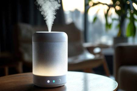 A stylish diffuser releases aromatic steam in a relaxed living room, enhancing the evening atmosphere.の写真素材