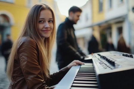 A talented young woman plays a piano outdoors while enjoying her surroundings and smiling at passersby.の写真素材