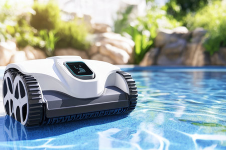 An advanced robotic pool cleaner glides effortlessly across clear blue water on a sunny day.の写真素材