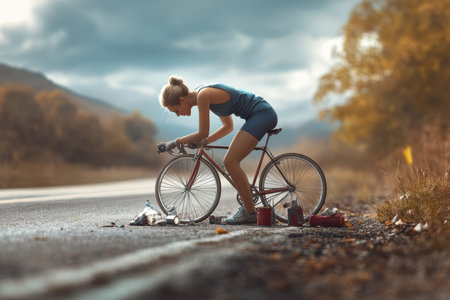 A cyclist attends to a flat tire next to a road surrounded by autumn foliage in overcast weather.の写真素材