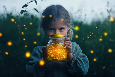 A child captures fireflies in a jar while surrounded by a lush green field during dusk.の写真素材