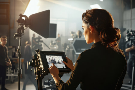 Crew member focuses on editing footage on a tablet while surrounded by cameras and crew in a film studio.の写真素材