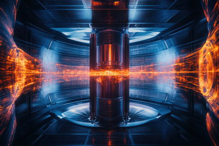 A dynamic display of plasma energy flows through a sleek, high-tech environment, emphasizing innovation.の写真素材