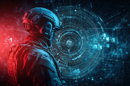 A soldier stands in tactical gear, with a high-tech digital display illuminating the dark background.の写真素材
