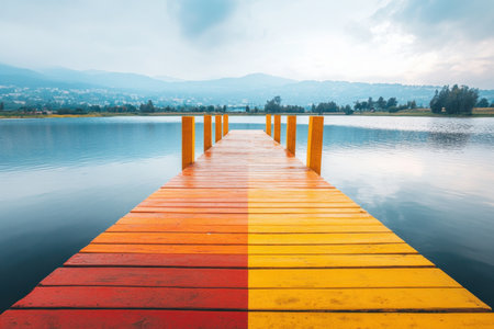 A vibrant dock painted in yellow and orange extends over a calm lake, surrounded by mountains and greenery.の写真素材