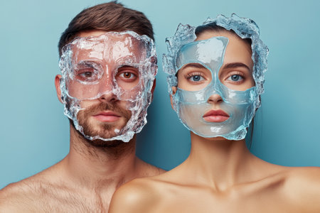 A man and woman are applying ice face masks while showing a calm expression in a light blue background.の写真素材