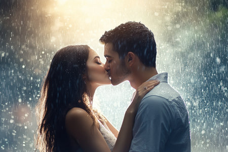 A couple embraces and shares a kiss in the rain, illuminated by soft light during sunset, creating a magical moment.の写真素材