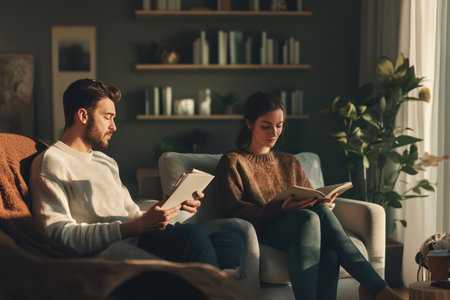 Two people relax in a warm living room, engrossed in their books, surrounded by a serene atmosphere.の写真素材