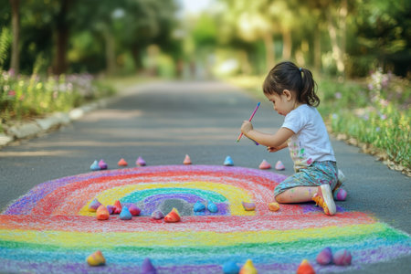 A young girl draws a vibrant rainbow using chalk on the pavement in a peaceful park surrounded by greenery.の素材