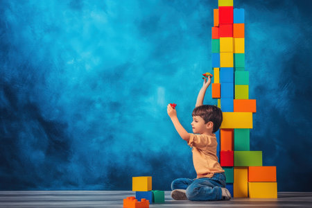 Young child sits on the floor, stacking colorful blocks to create a tall tower, fully engaged in play.の写真素材