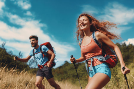 Two hikers with backpacks are running joyfully through a sunny field under a blue sky.の写真素材