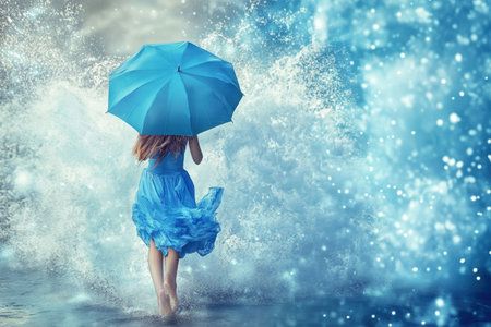 A woman wearing a blue dress holds an umbrella while walking through crashing ocean waves under gray skies.の写真素材