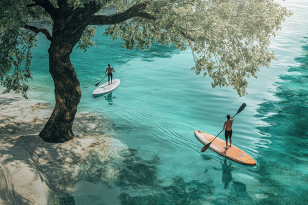 Two individuals are paddleboarding on tranquil blue waters under a sunny sky, surrounded by vibrant trees.の写真素材