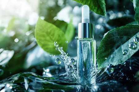 A glass serum bottle stands out among vibrant green leaves, embodying nature's purity and freshness.の写真素材