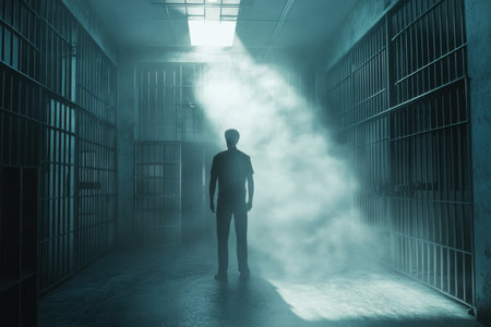 A solitary figure is positioned in a dark prison corridor, illuminated by soft light filtering through a skylight.の写真素材