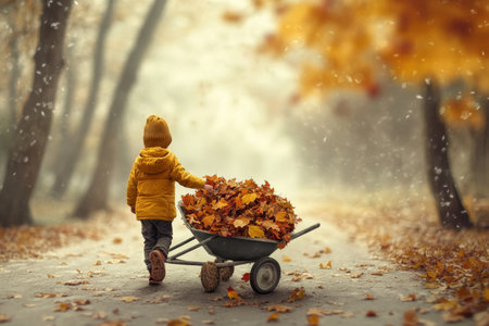 A child in a yellow jacket gathers vibrant autumn leaves with a wheelbarrow on a tranquil path surrounded by trees.の写真素材