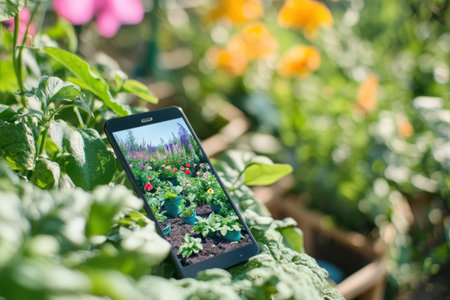 Colorful flowers and vegetables surround a smartphone showing beautiful garden photos in sunlight.の写真素材