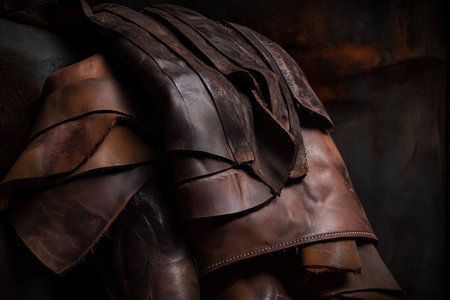 This artwork features detailed leather strips stacked in a workshop, showing varying textures and rich colors.の写真素材