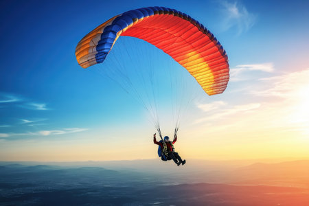 A paraglider glides effortlessly through the golden and blue sky during sunset, enjoying the breathtaking scenery.の写真素材