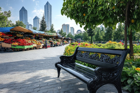 A lively marketplace features colorful fruits and flowers with modern buildings in the background on a sunny day.の写真素材