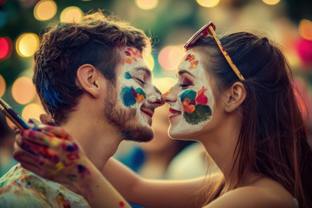 A joyful couple embraces at a lively outdoor festival, surrounded by colorful lights.の写真素材