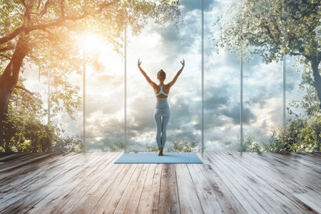 A woman is performing yoga poses in a tranquil environment surrounded by trees and natural light.の写真素材