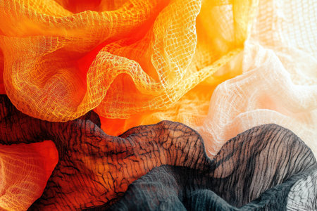 Silk fabric with vibrant hues of orange, white, and black is artistically arranged, highlighting texture and color.の写真素材
