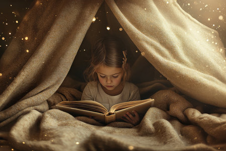 A young girl is immersed in a book inside a snuggly blanket, enjoying a quiet moment in the evening.の写真素材