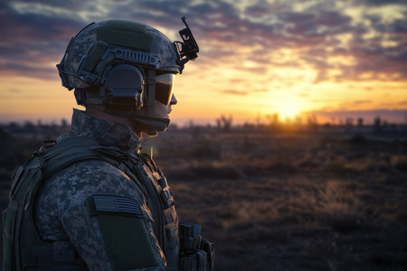 A soldier stands still in a desert setting, watching the sunset while wearing tactical gear and equipment.の写真素材