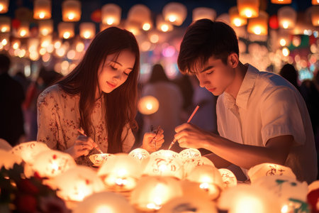 A couple enjoys painting colorful lanterns together at an evening festival, surrounded by glowing lights.の写真素材