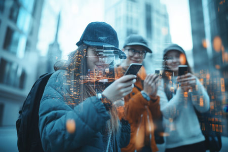 Three friends engage with their smartphones against a city backdrop, capturing moments in an urban environment.の写真素材