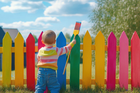 A young child joyfully paints a vibrant fence with bright colors under a clear blue sky.の写真素材