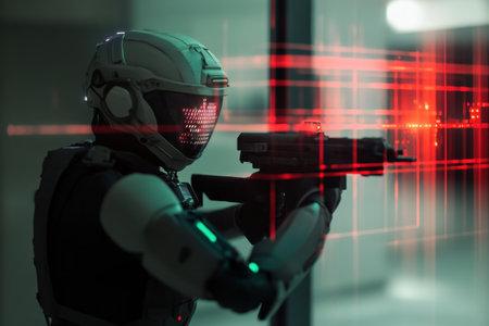 A robot soldier prepares to engage a target in a high-tech urban environment, showcasing advanced technology.の写真素材