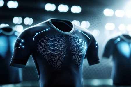 Illuminated athletic shirts shine under bright lights, showcasing their unique high-tech designs.の写真素材